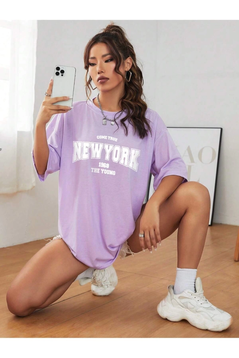 Unisex Kadın/Erkek NEW YORK Özel Baskılı Renkli Oversize Penye T-Shirt