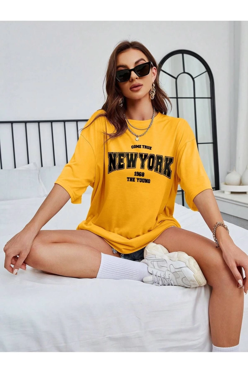 Unisex Kadın/Erkek NEW YORK Özel Baskılı Renkli Oversize Penye T-Shirt