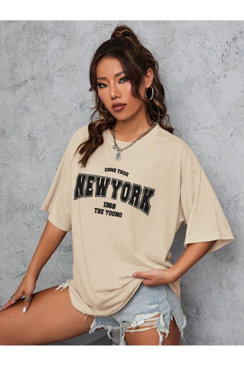 Unisex Kadın/Erkek NEW YORK Özel Baskılı Renkli Oversize Penye T-Shirt