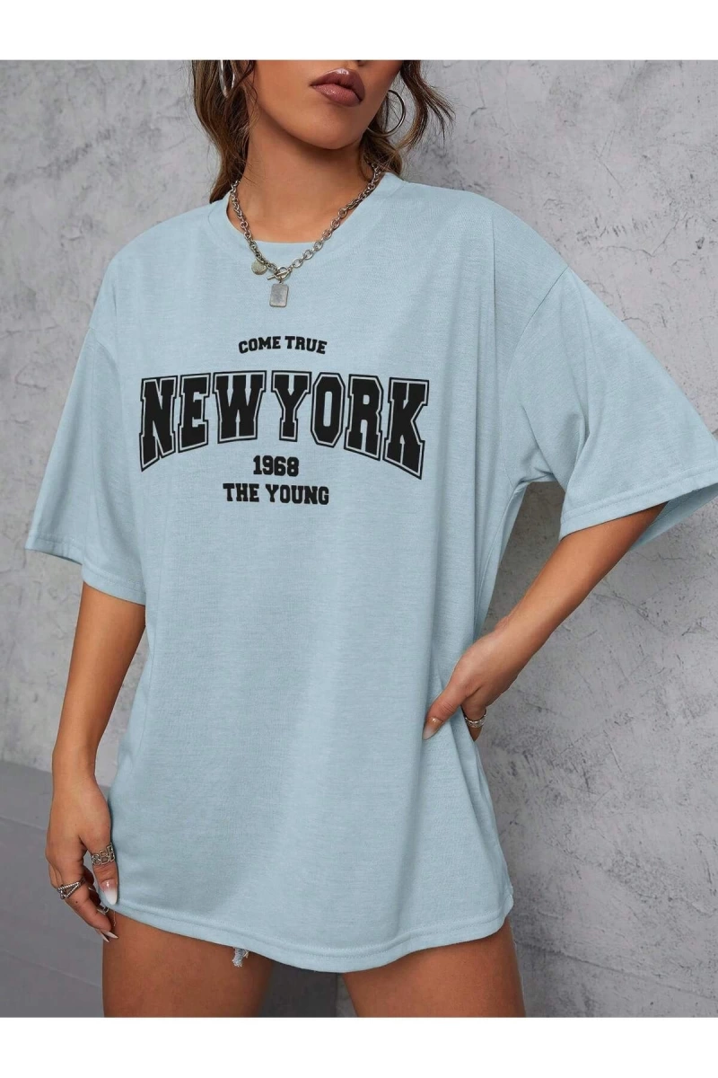 Unisex Kadın/Erkek NEW YORK Özel Baskılı Renkli Oversize Penye T-Shirt