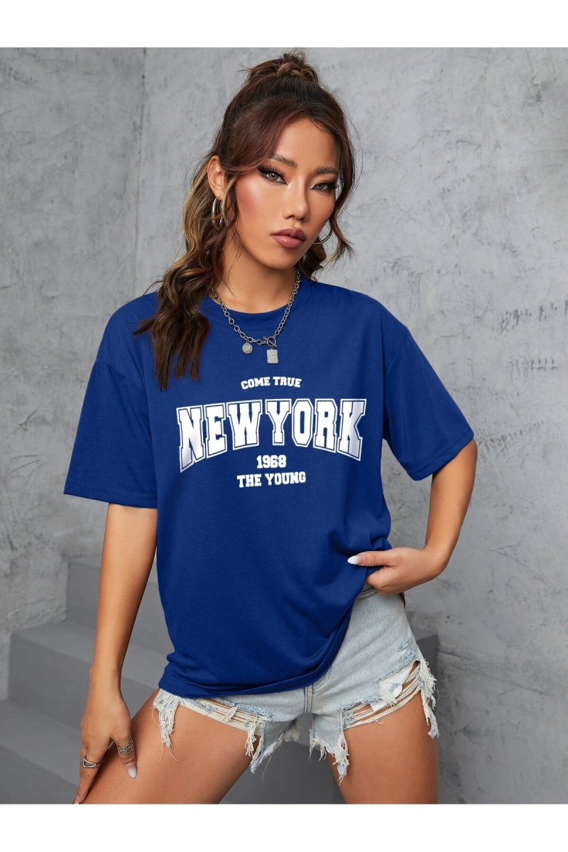 Unisex Kadın/Erkek NEW YORK Özel Baskılı Renkli Oversize Penye T-Shirt
