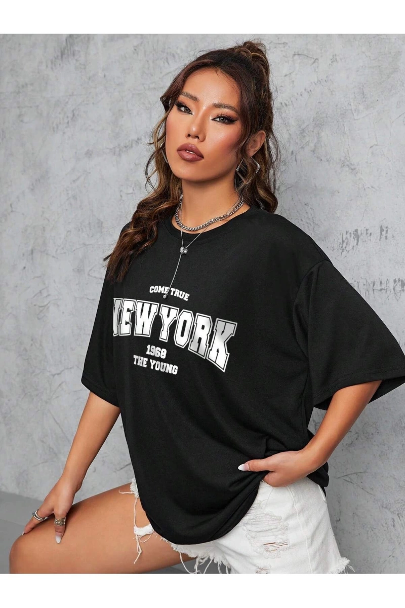 Unisex Kadın/Erkek NEW YORK Özel Baskılı Renkli Oversize Penye T-Shirt