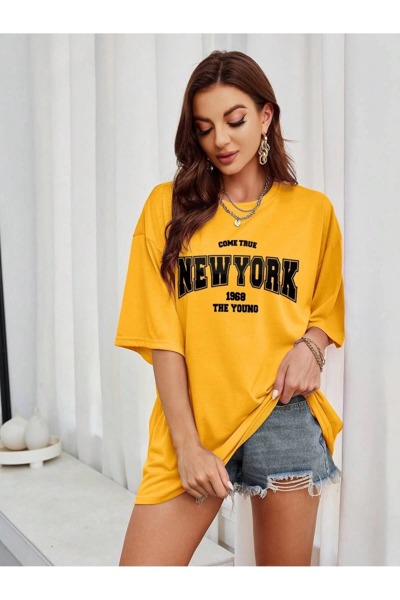 Unisex Kadın/Erkek NEW YORK Özel Baskılı Renkli Oversize Penye T-Shirt