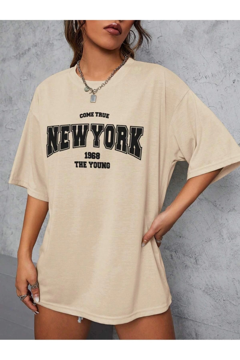 Unisex Kadın/Erkek NEW YORK Özel Baskılı Renkli Oversize Penye T-Shirt