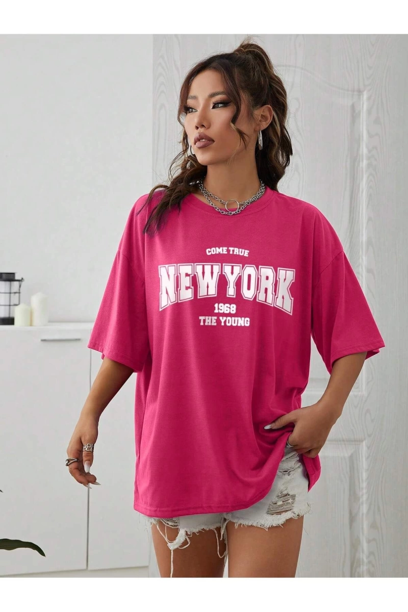 Unisex Kadın/Erkek NEW YORK Özel Baskılı Renkli Oversize Penye T-Shirt