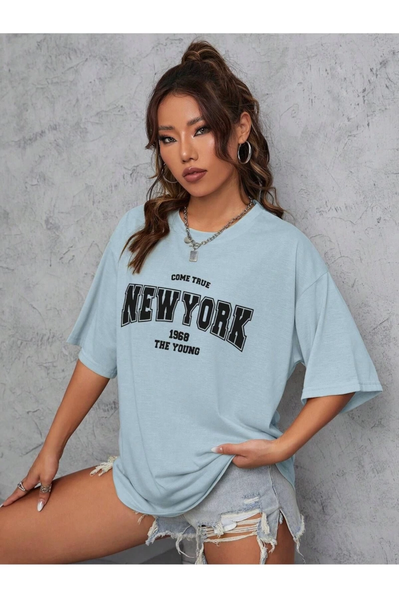 Unisex Kadın/Erkek NEW YORK Özel Baskılı Renkli Oversize Penye T-Shirt