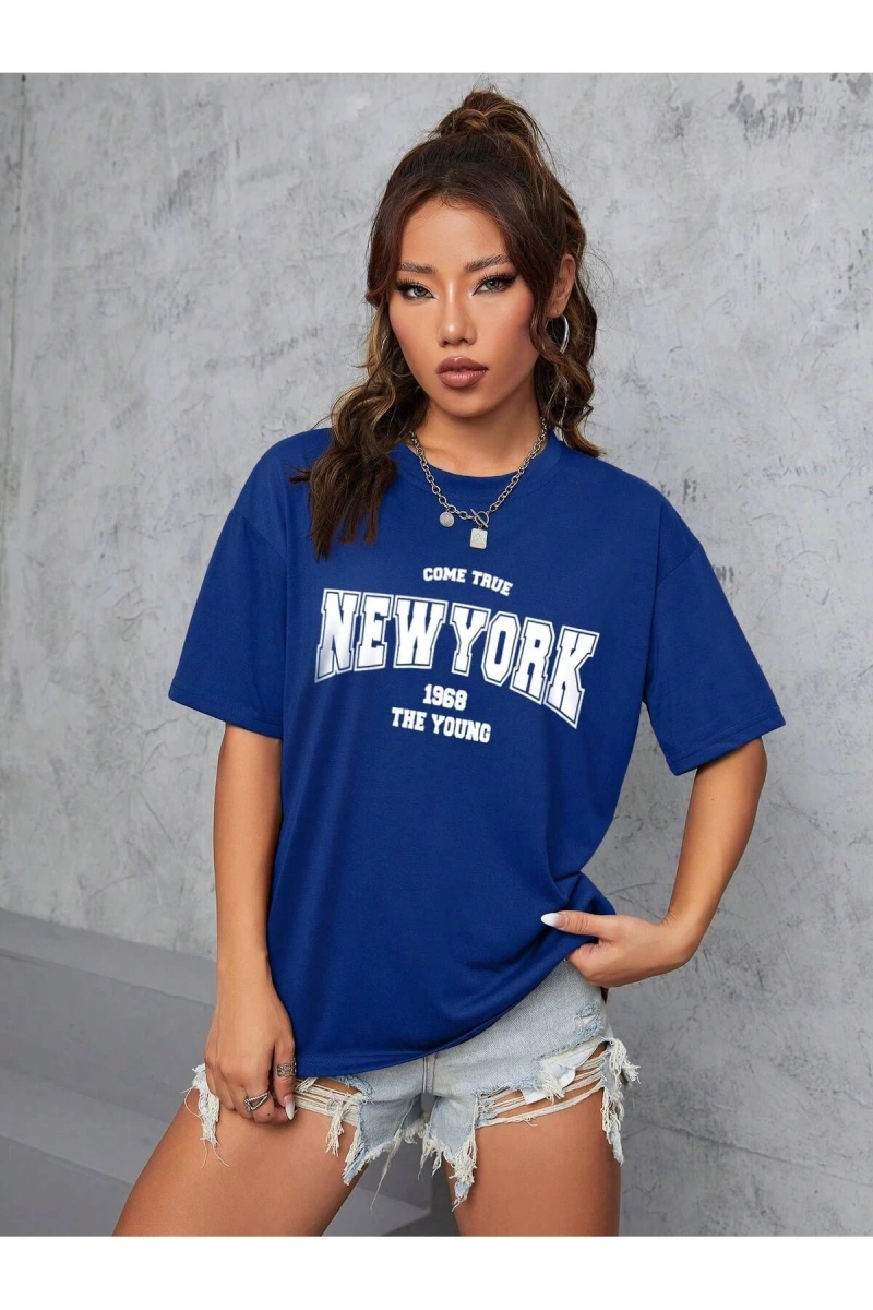 Unisex Kadın/Erkek NEW YORK Özel Baskılı Renkli Oversize Penye T-Shirt