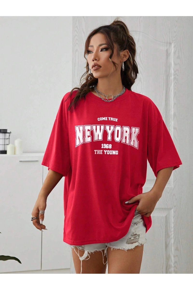 Unisex Kadın/Erkek NEW YORK Özel Baskılı Renkli Oversize Penye T-Shirt