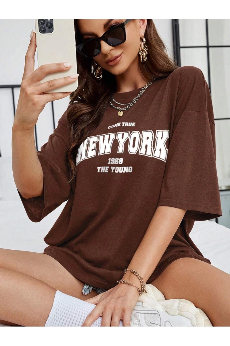 Unisex Kadın/Erkek NEW YORK Özel Baskılı Renkli Oversize Penye T-Shirt