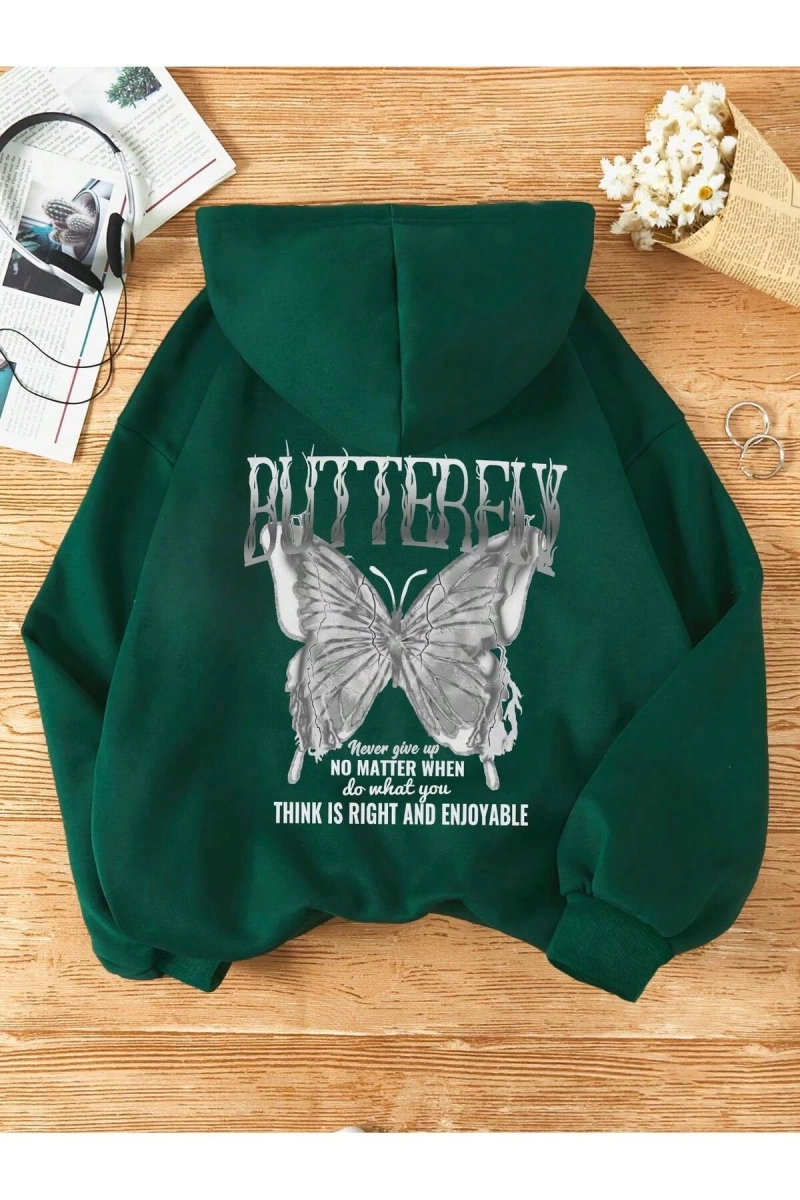 Unisex Kadın/Erkek Slogan ve Kelebek Baskılı Kanguru Cepli Büzgülü Kapüşonlu Üst
