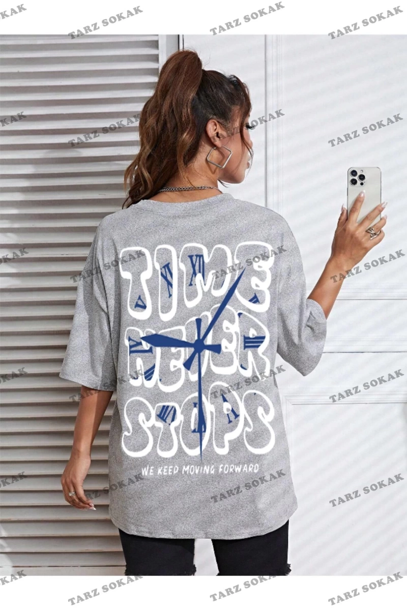 Unisex Kadın/Erkek Time Never Stops Renkli Özel Baskılı Oversize Pamuk Penye