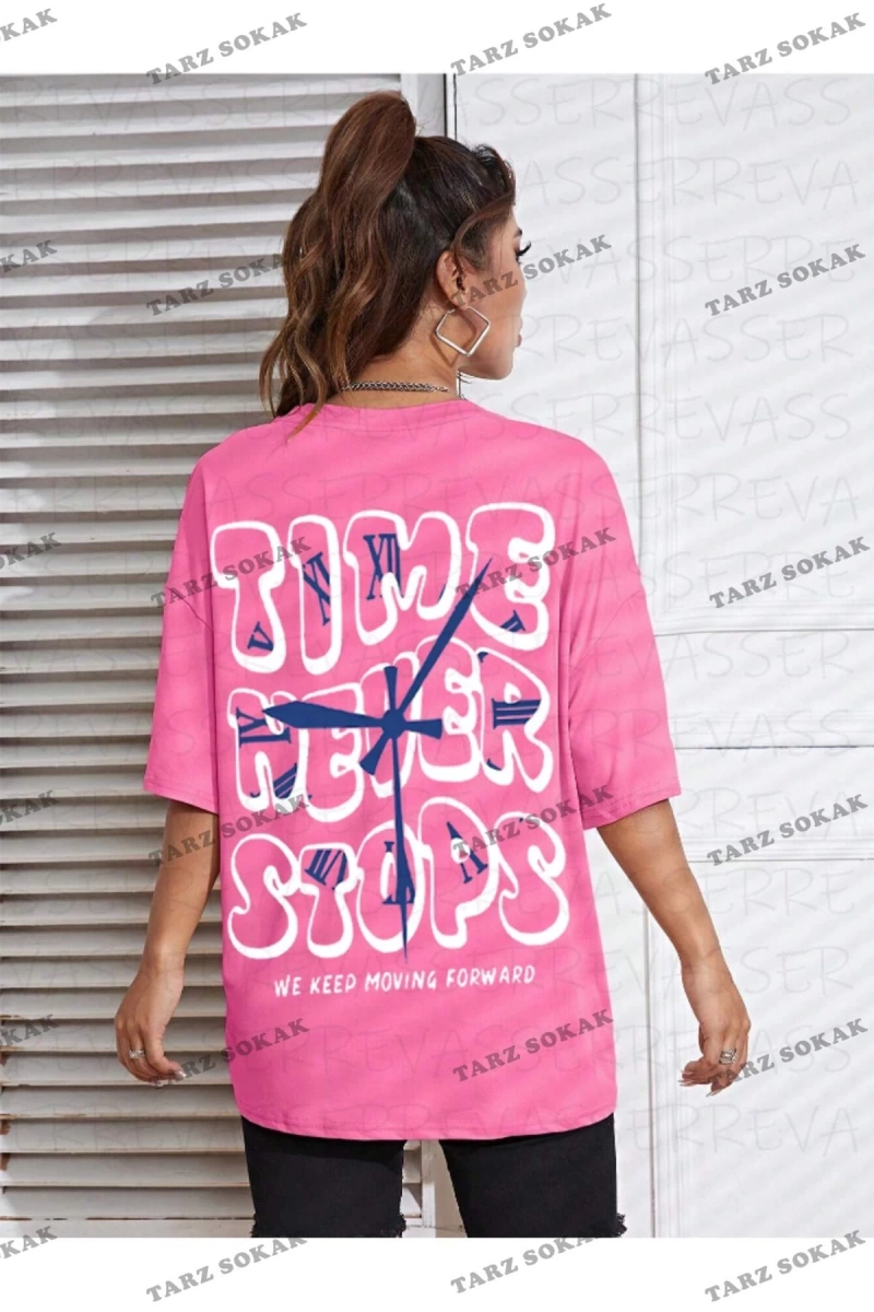 Unisex Kadın/Erkek Time Never Stops Renkli Özel Baskılı Oversize Pamuk Penye
