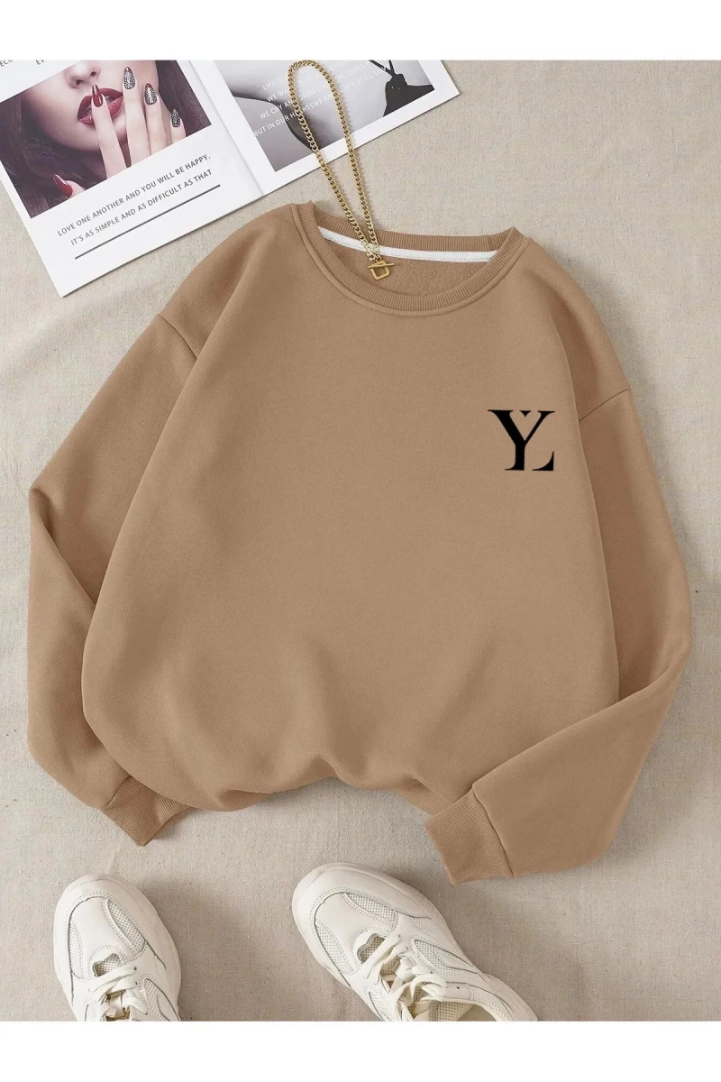 Unisex Kadın/Erkek Yasolin YL Özel Baskılı Renkli Oversize Bisiklet Yaka Pamuklu Sweatshirt