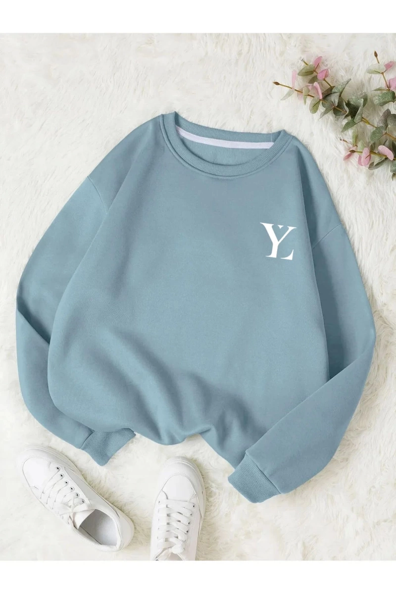 Unisex Kadın/Erkek Yasolin YL Özel Baskılı Renkli Oversize Bisiklet Yaka Pamuklu Sweatshirt