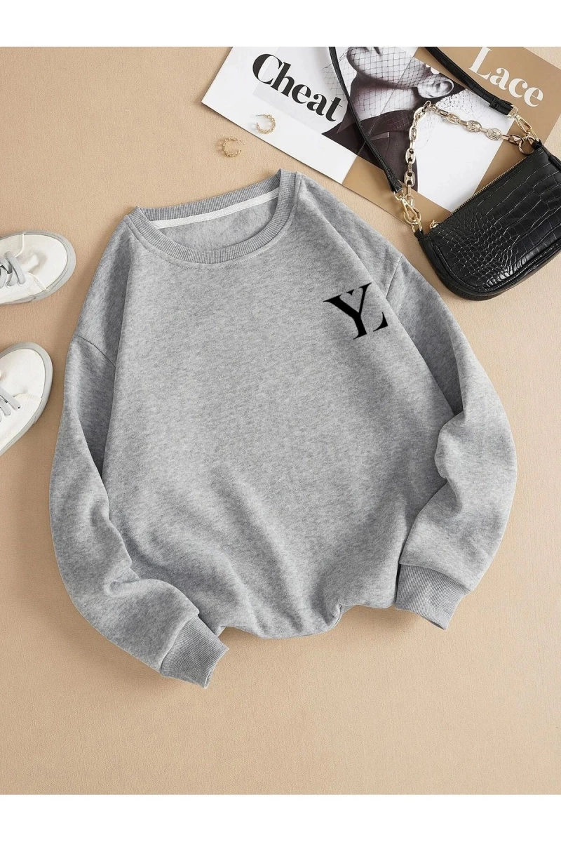 Unisex Kadın/Erkek Yasolin YL Özel Baskılı Renkli Oversize Bisiklet Yaka Pamuklu Sweatshirt