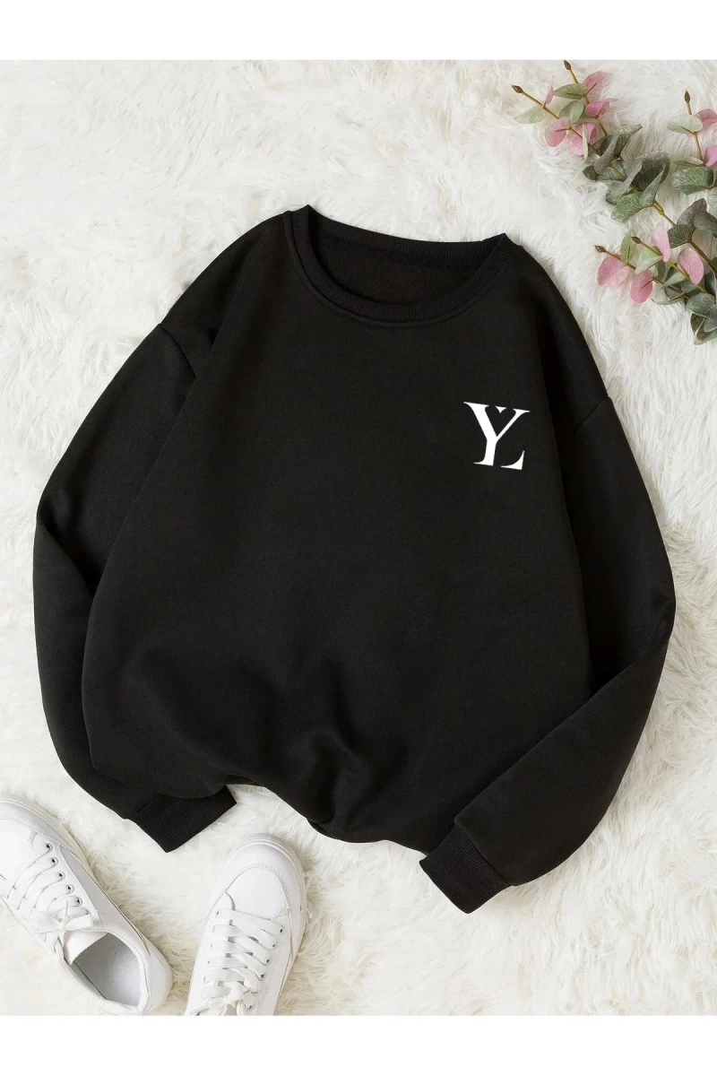 Unisex Kadın/Erkek Yasolin YL Özel Baskılı Renkli Oversize Bisiklet Yaka Pamuklu Sweatshirt