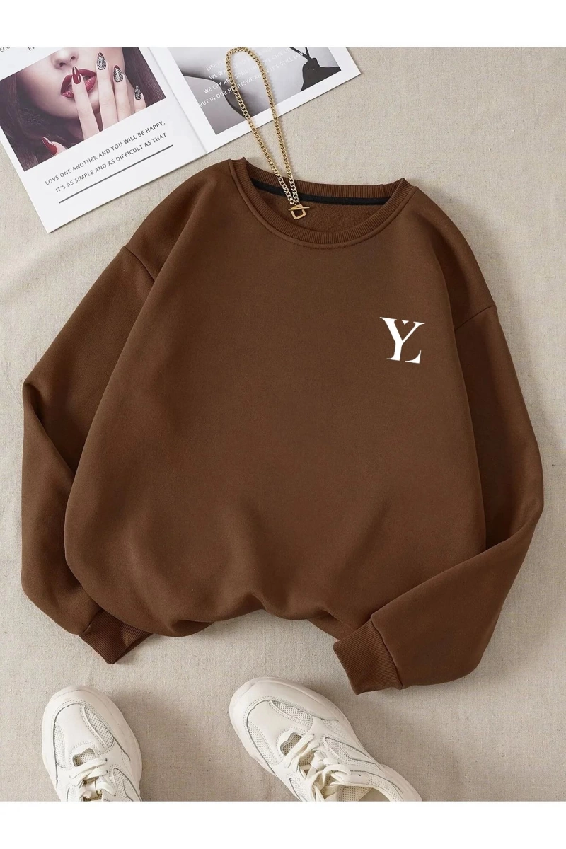 Unisex Kadın/Erkek Yasolin YL Özel Baskılı Renkli Oversize Bisiklet Yaka Pamuklu Sweatshirt