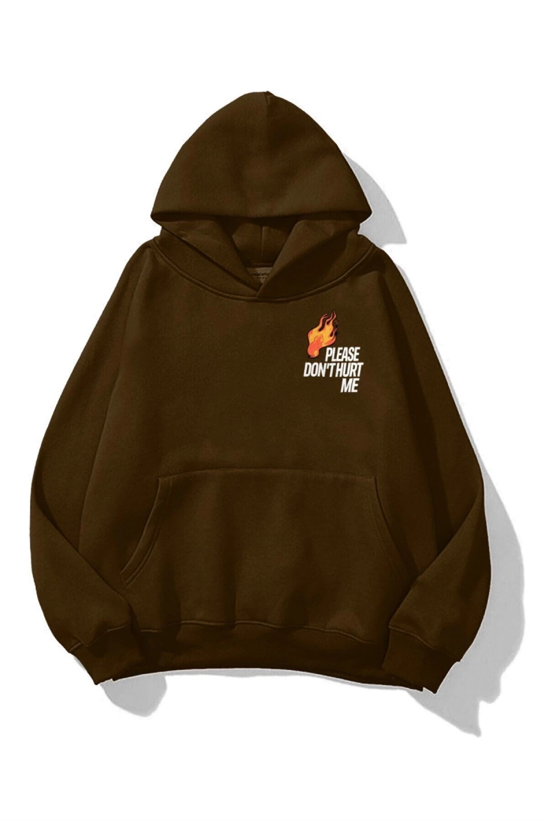 Unisex Kahverengi Please Dont Hurt Me Baskılı Kapüşonlu Hoodie