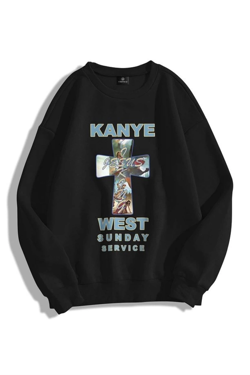 Unisex Kanye Sunday Service Bisiklet Yaka Sweatshirt Siyah