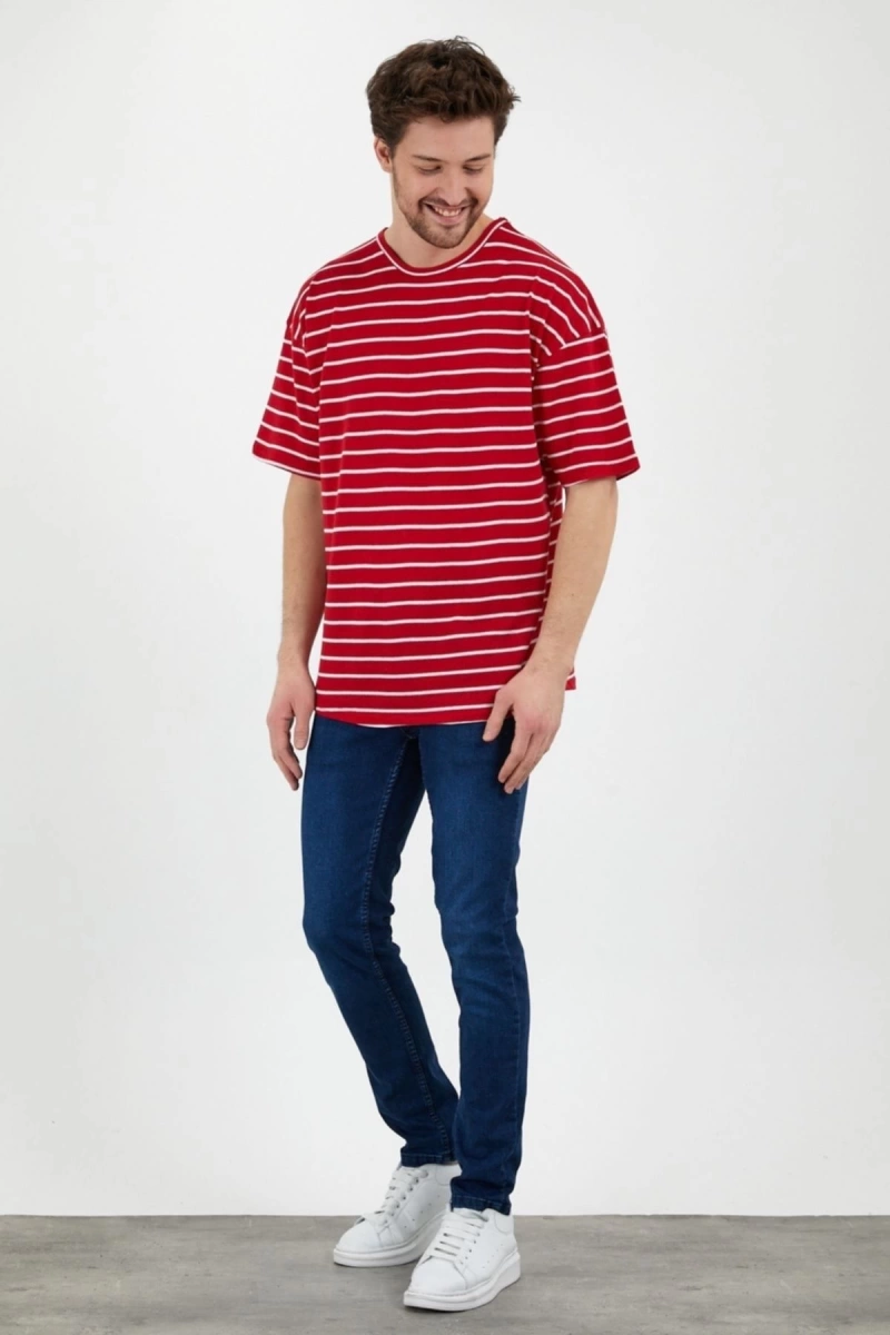 Unisex Kırmızı Beyaz Çizgili Oversize Tshirt