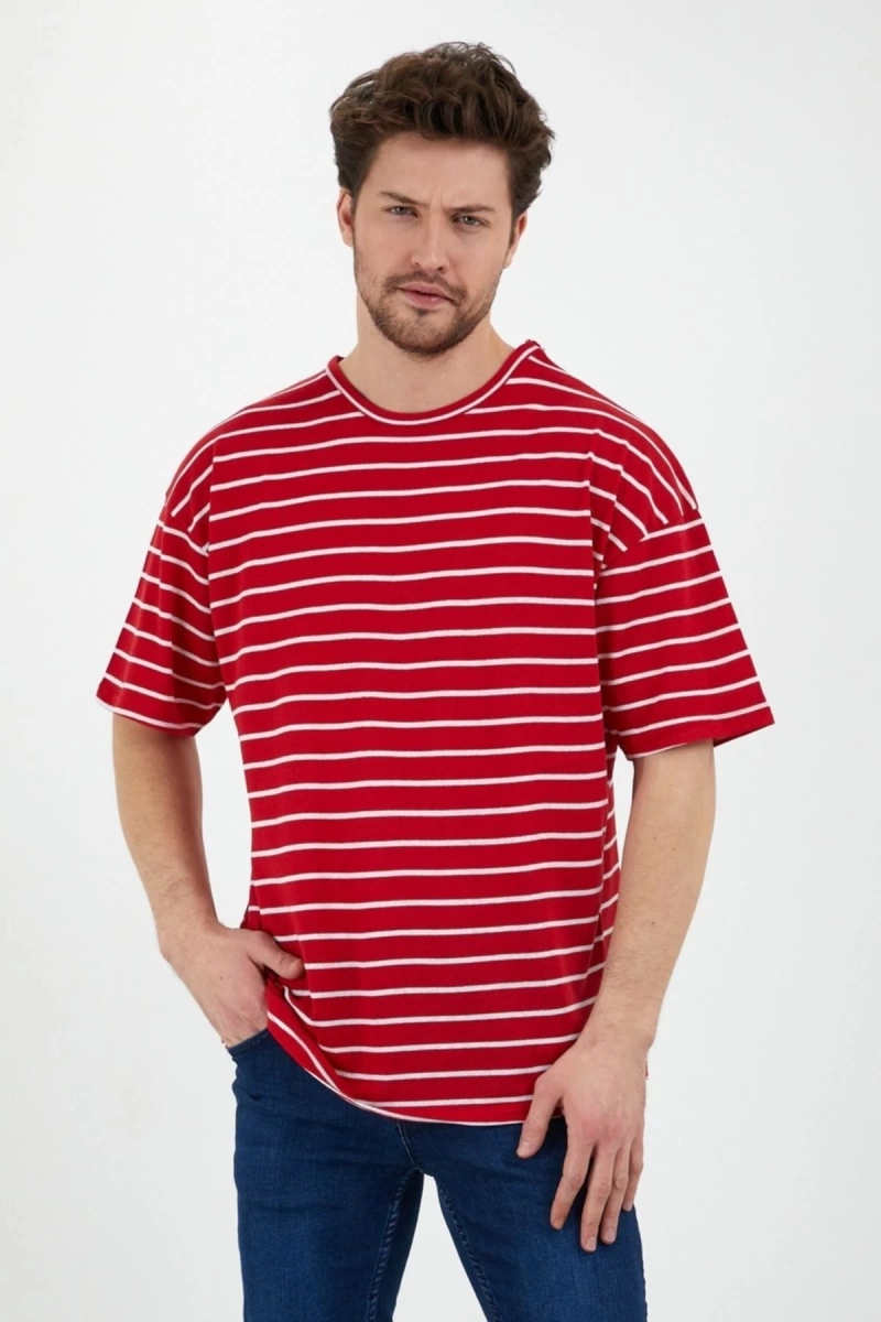 Unisex Kırmızı Beyaz Çizgili Oversize Tshirt
