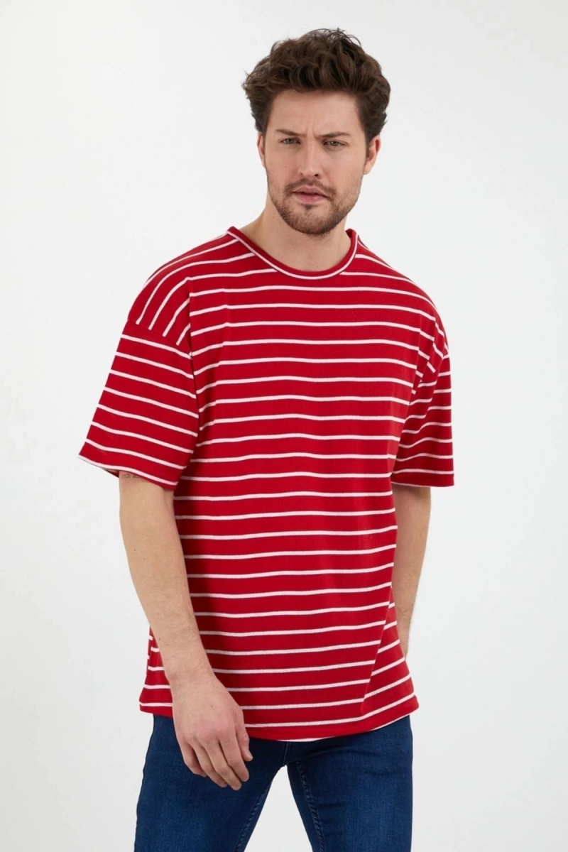 Unisex Kırmızı Beyaz Çizgili Oversize Tshirt