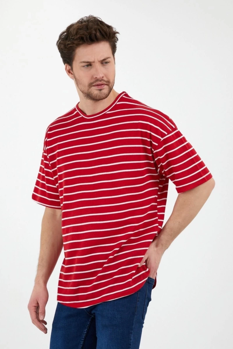 Unisex Kırmızı Beyaz Çizgili Oversize Tshirt