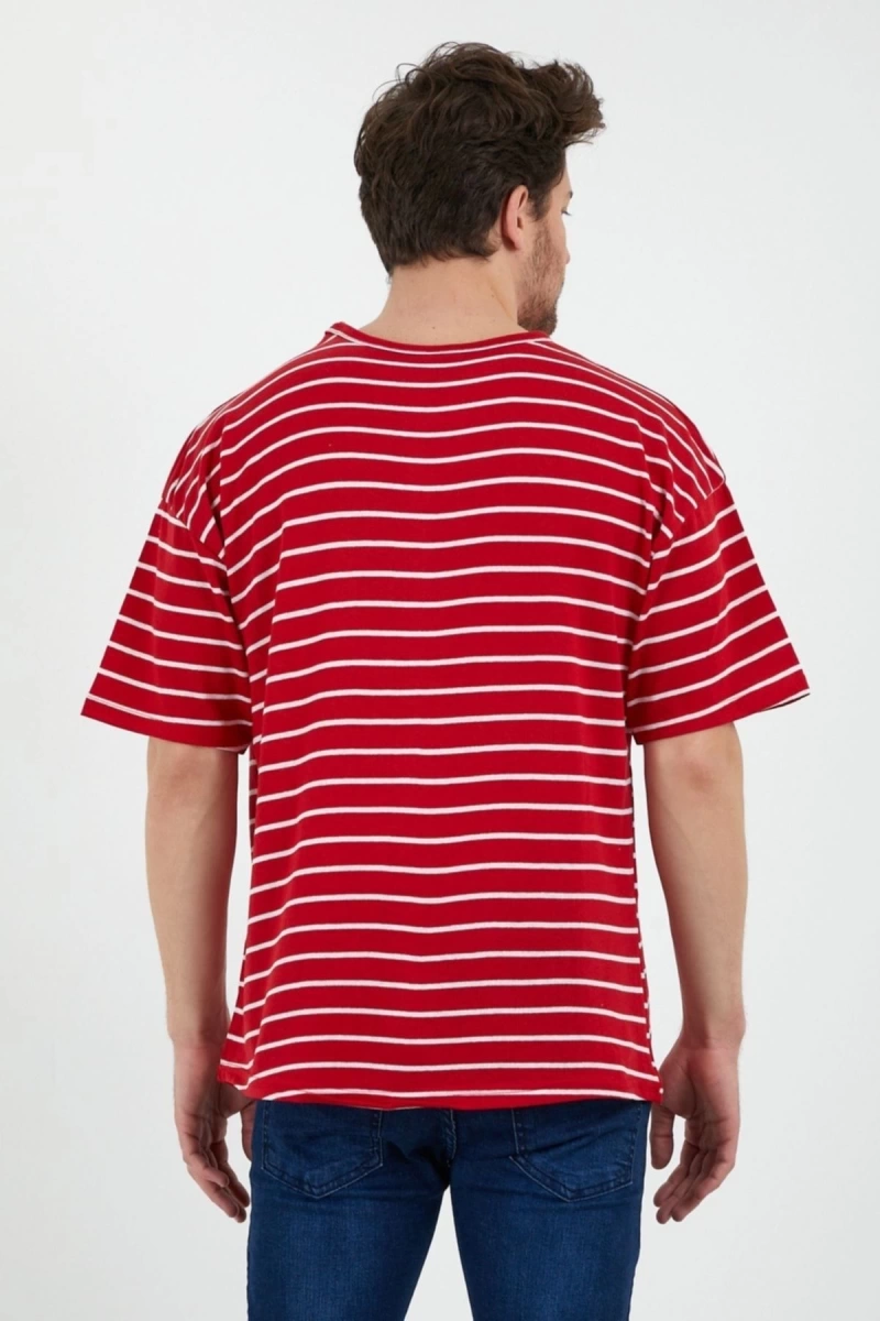 Unisex Kırmızı Beyaz Çizgili Oversize Tshirt