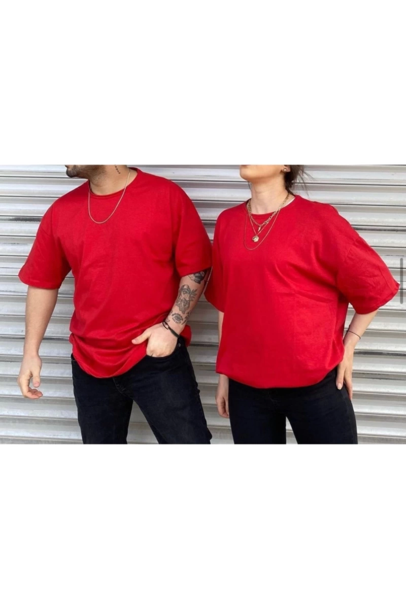 Unisex Kırmızı Bisiklet Yaka Sevgili Kombin 2 Li Paket Tshirt