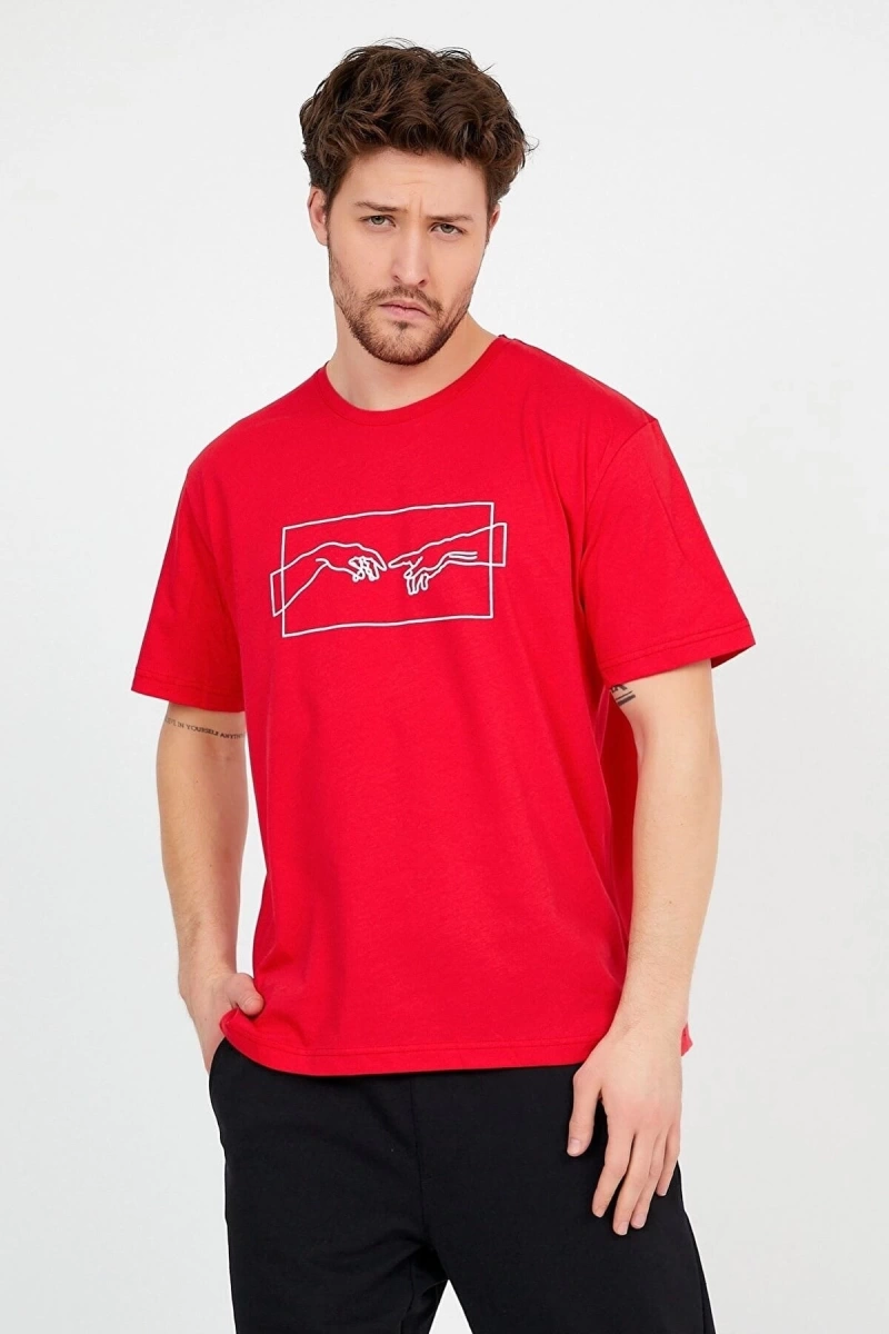 Unisex Kırmızı Önü Ademin Yaratılışı Baskılı Bol Kesim Oversize Pamuklu Tshirt