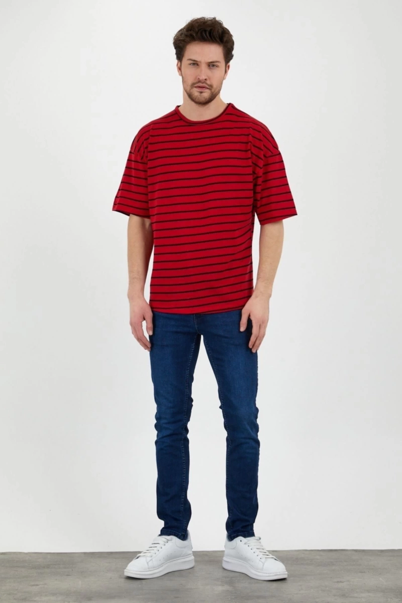 Unisex Kırmızı Siyah Çizgili Oversize Tshirt