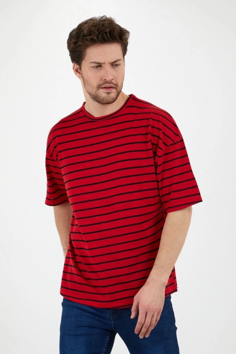 Unisex Kırmızı Siyah Çizgili Oversize Tshirt