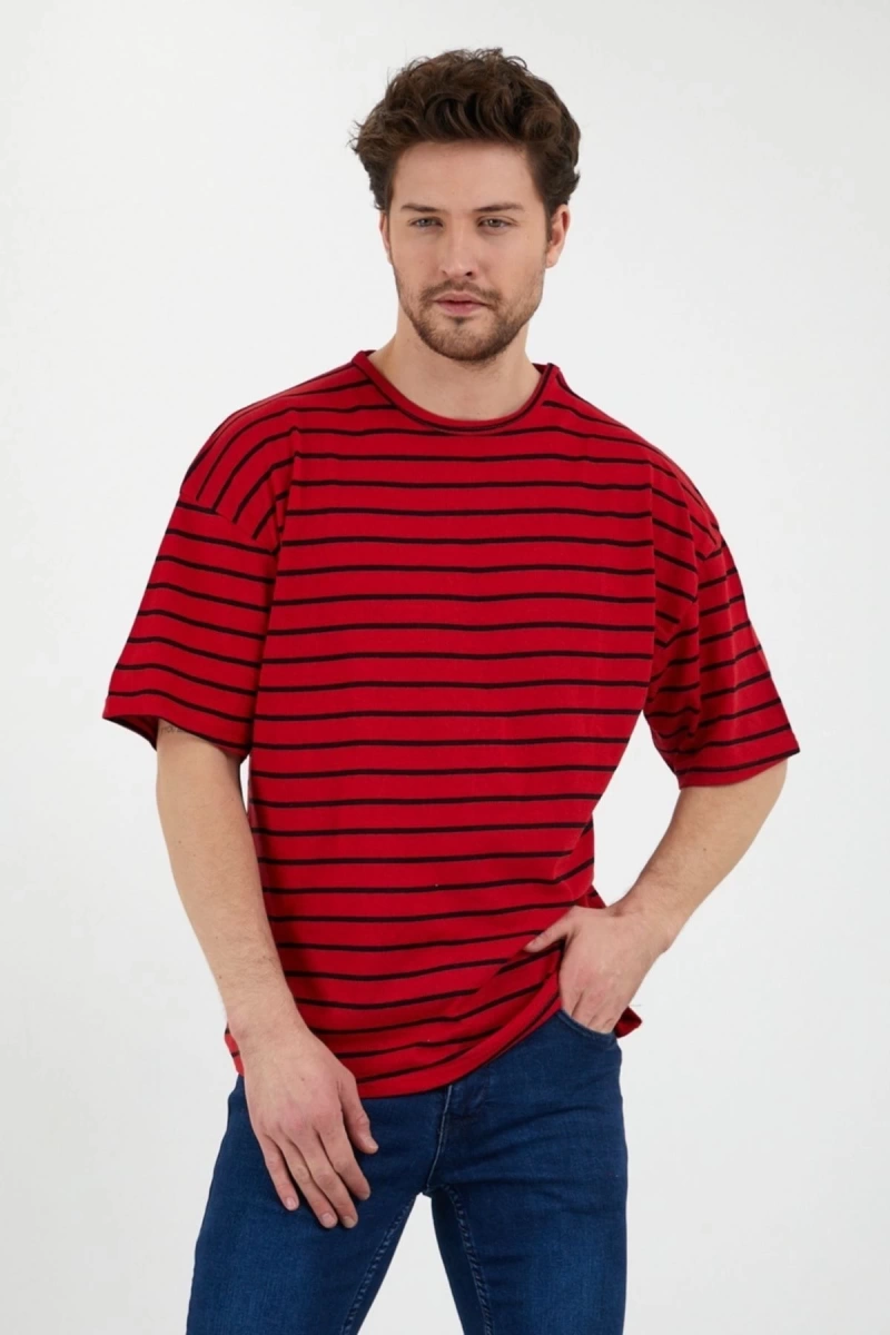 Unisex Kırmızı Siyah Çizgili Oversize Tshirt