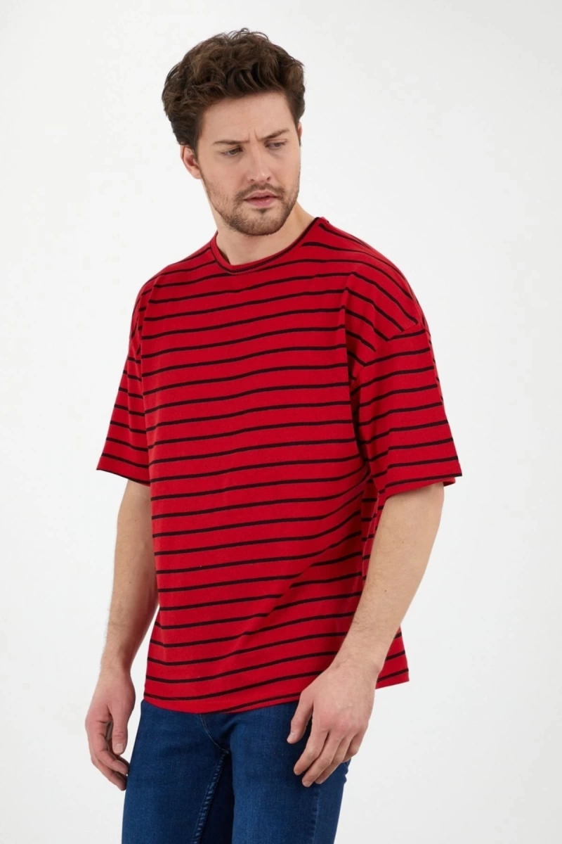 Unisex Kırmızı Siyah Çizgili Oversize Tshirt