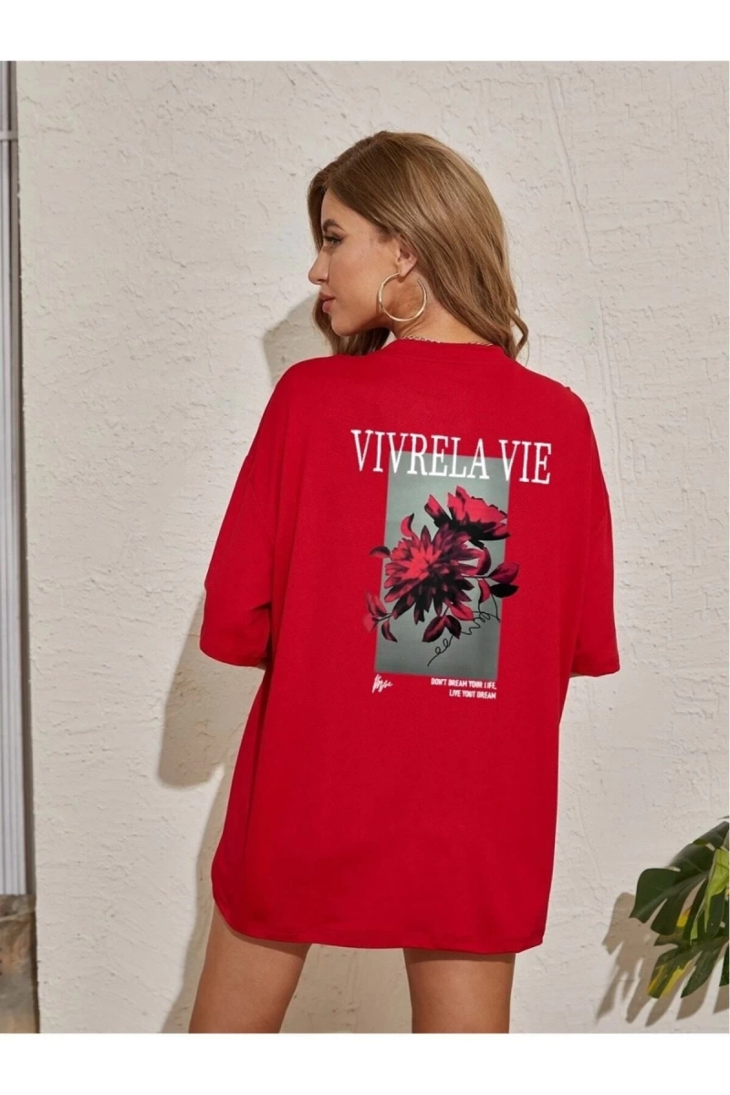 Unisex Kırmızı Vivre La Vie Baskılı Oversize Bisiklet Yaka Penye Tişört
