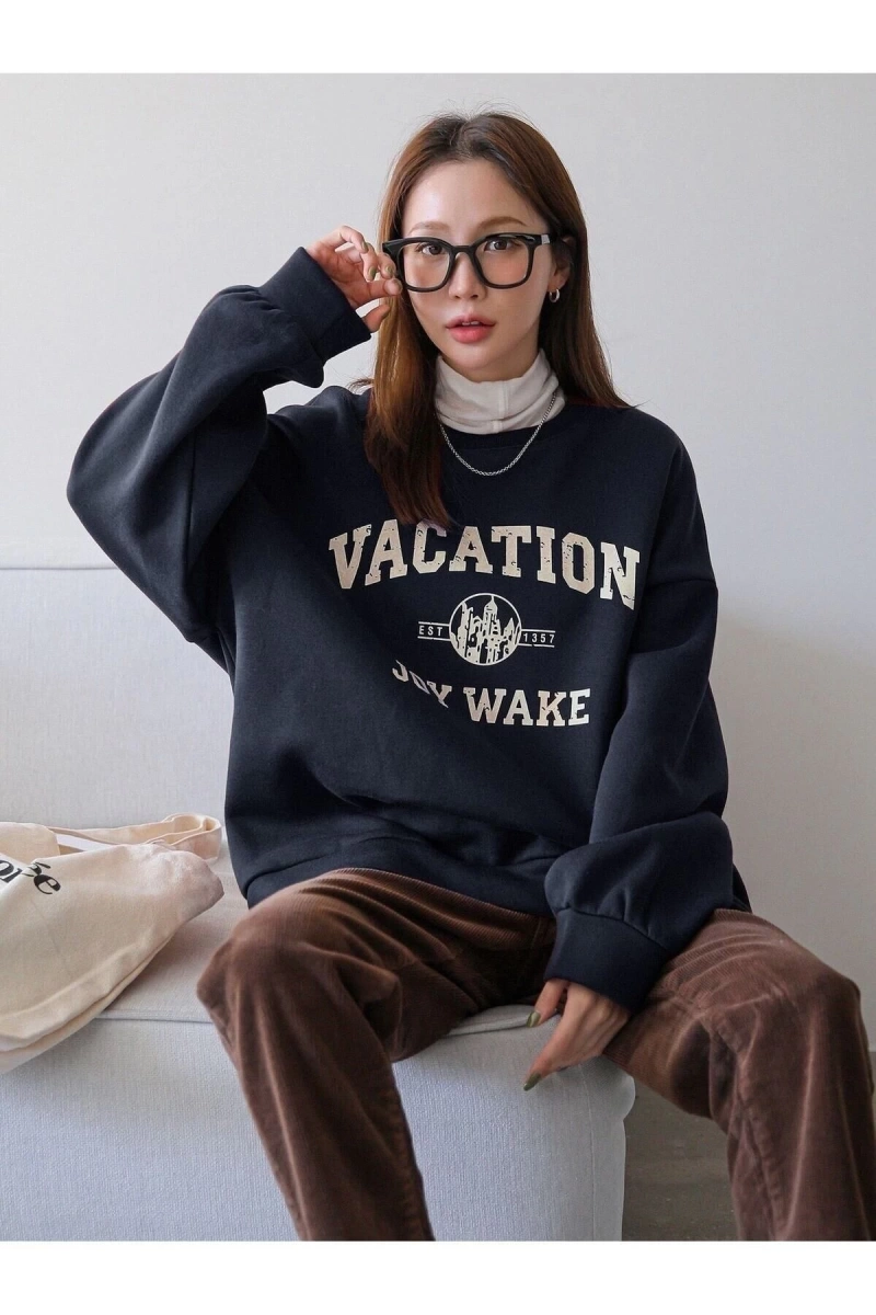 Unisex Laci Vacation Joy Wake Baskılı Oversize Bisiklet Yaka Sweatshirt