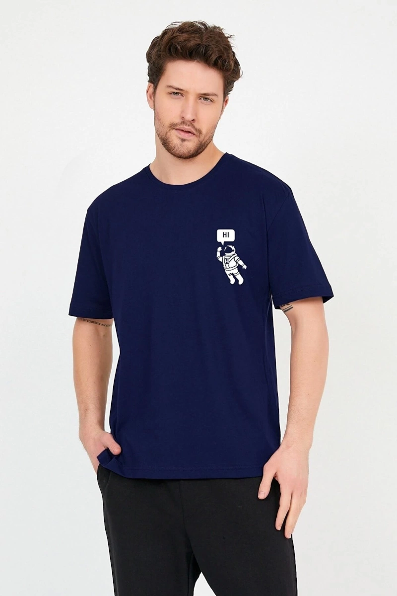Unisex Lacivert Önü Hi Astronot Baskılı Bol Kesim Oversize Pamuklu Tshirt