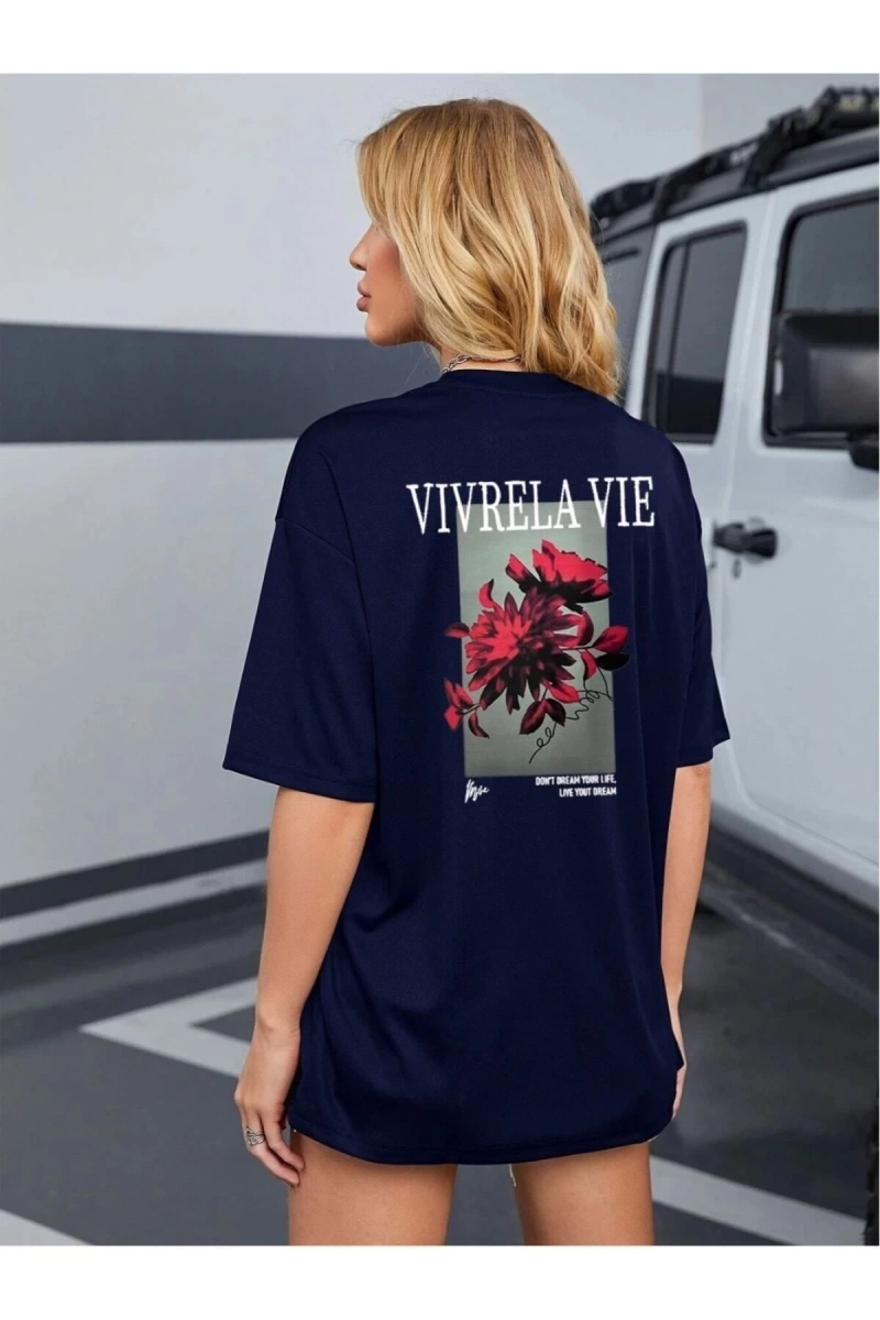 Unisex Lacivert Vivre La Vie Baskılı Oversize Bisiklet Yaka Penye Tişört