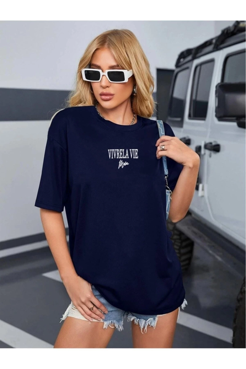 Unisex Lacivert Vivre La Vie Baskılı Oversize Bisiklet Yaka Penye Tişört
