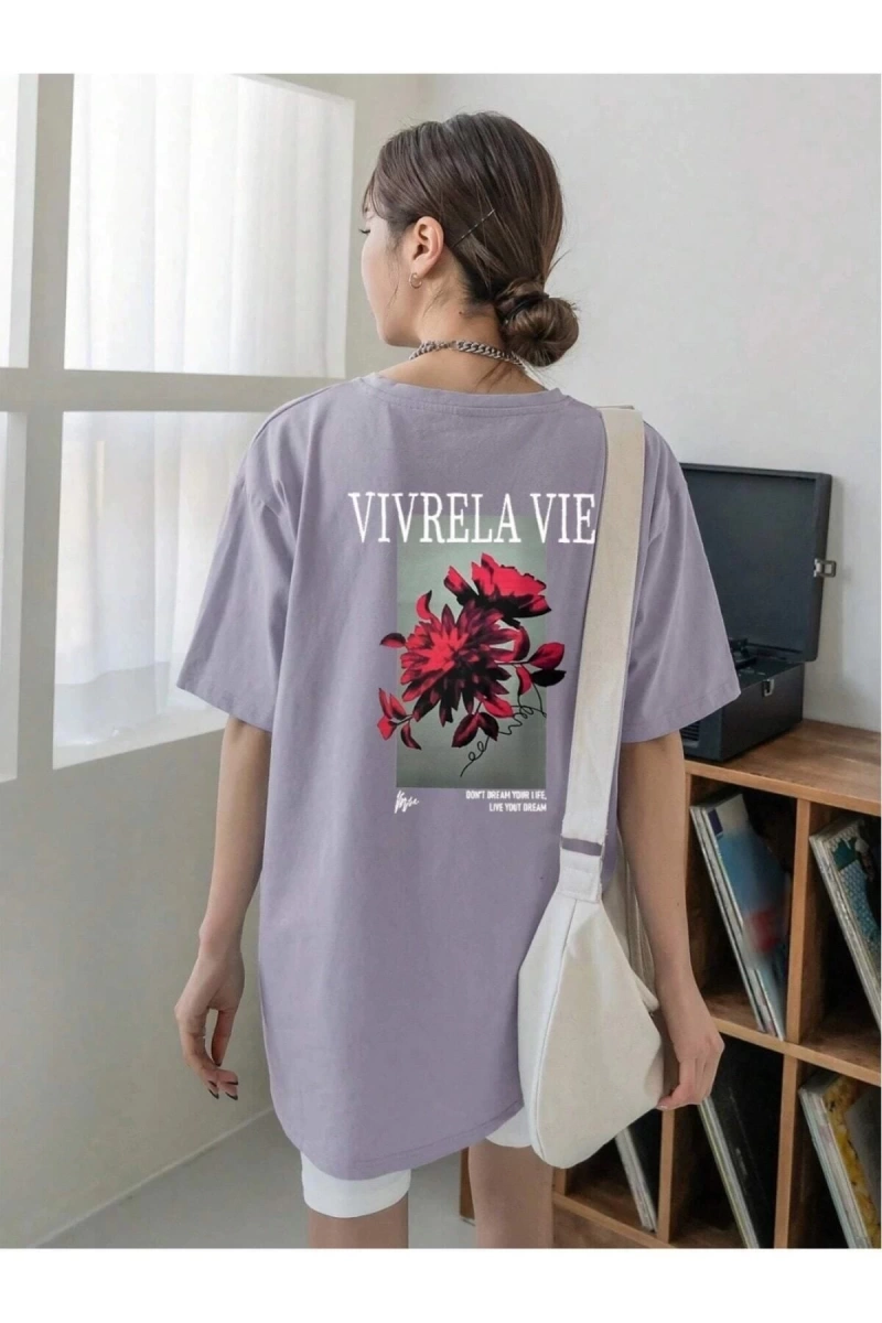 Unisex Lila Vivre La Vie Baskılı Oversize Bisiklet Yaka Penye Tişört