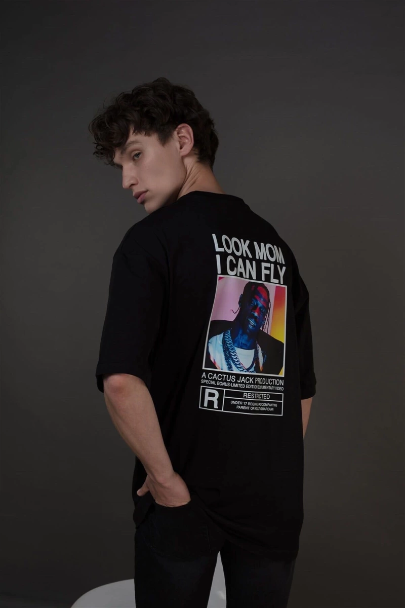 Unisex Look Mom I Can Fly Renkli Siyah Tshirt