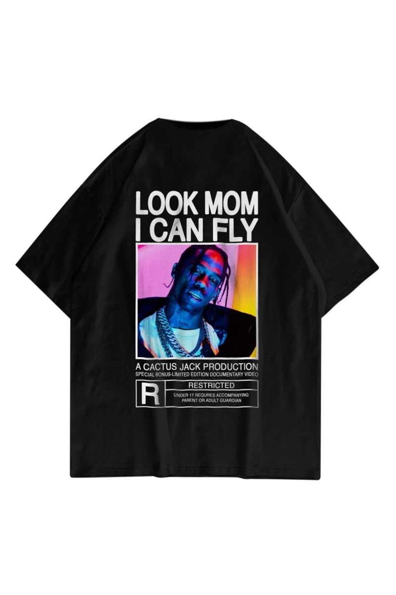 Unisex Look Mom I Can Fly Renkli Siyah Tshirt