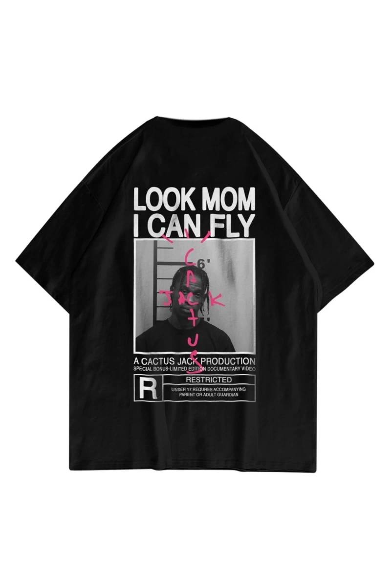 Unisex Look Mom I Can Fly Siyah Tshirt