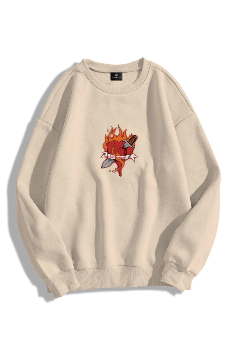 Unisex Love Hate Bisiklet Yaka Sweatshirt Hoodie