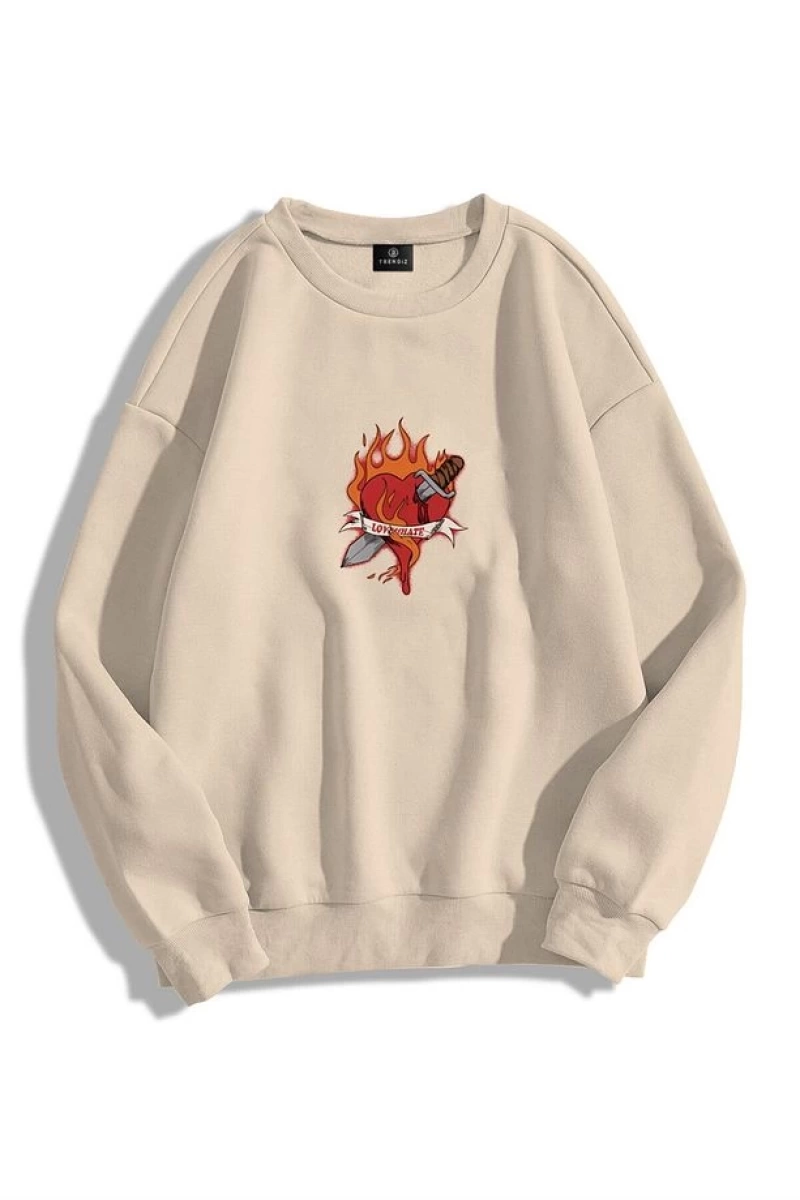 Unisex Love Hate Bisiklet Yaka Sweatshirt Hoodie Gri