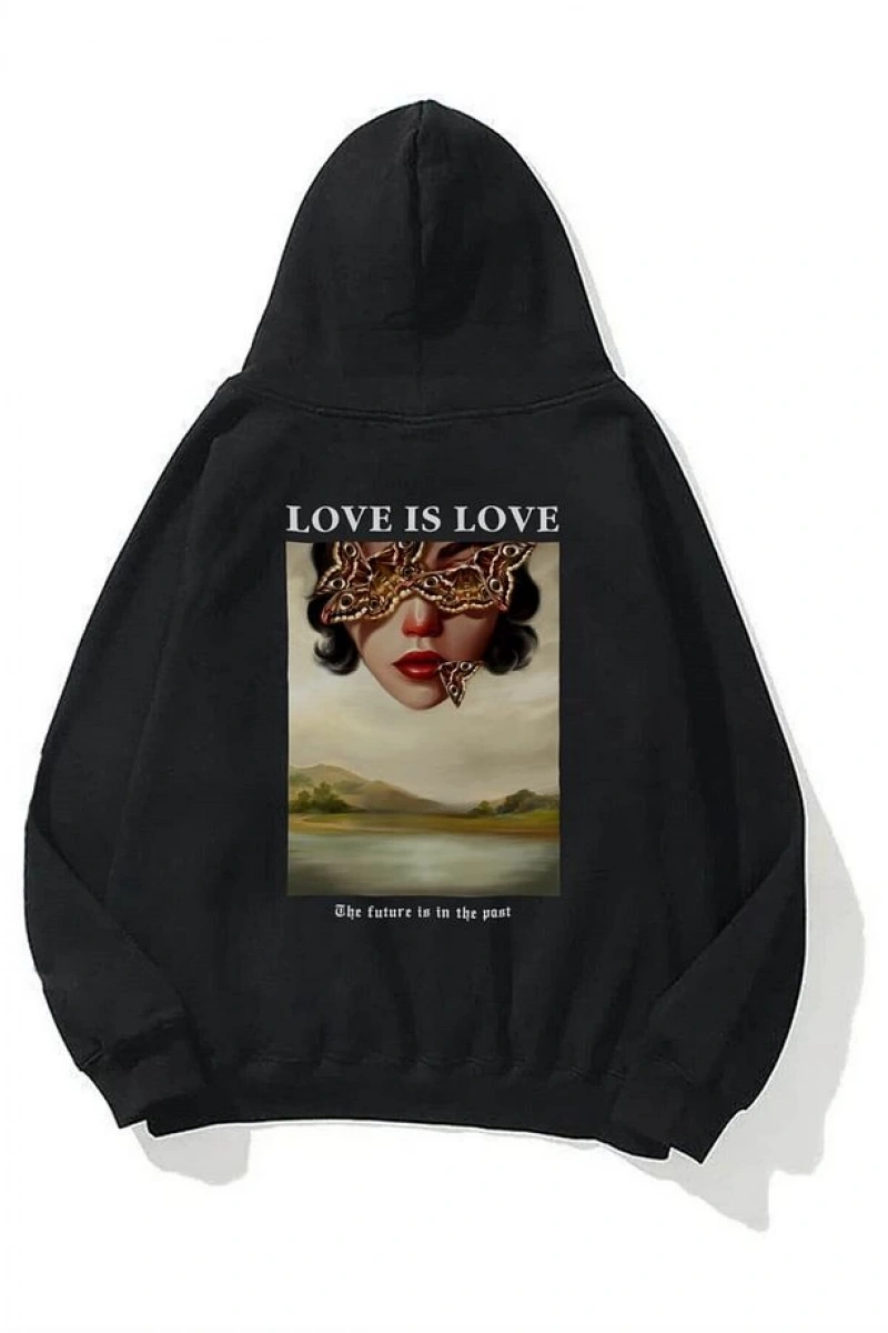 Unisex Love Is Love Sweatshirt Hoodie Siyah