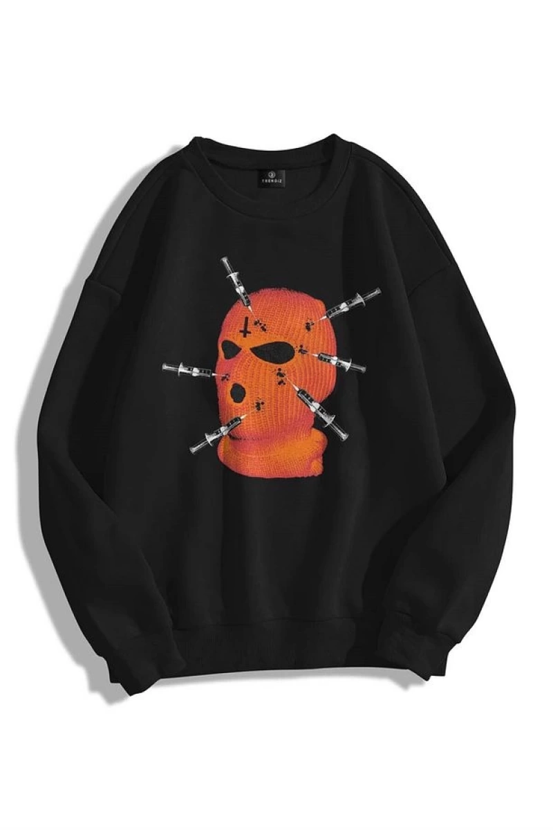 Unisex Maske Bisiklet Yaka Sweatshirt Siyah