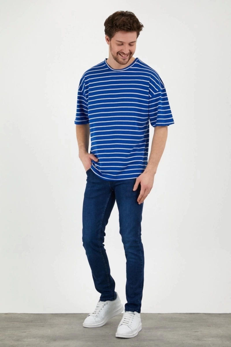 Unisex Mavi Beyaz Çizgili Oversize Tshirt