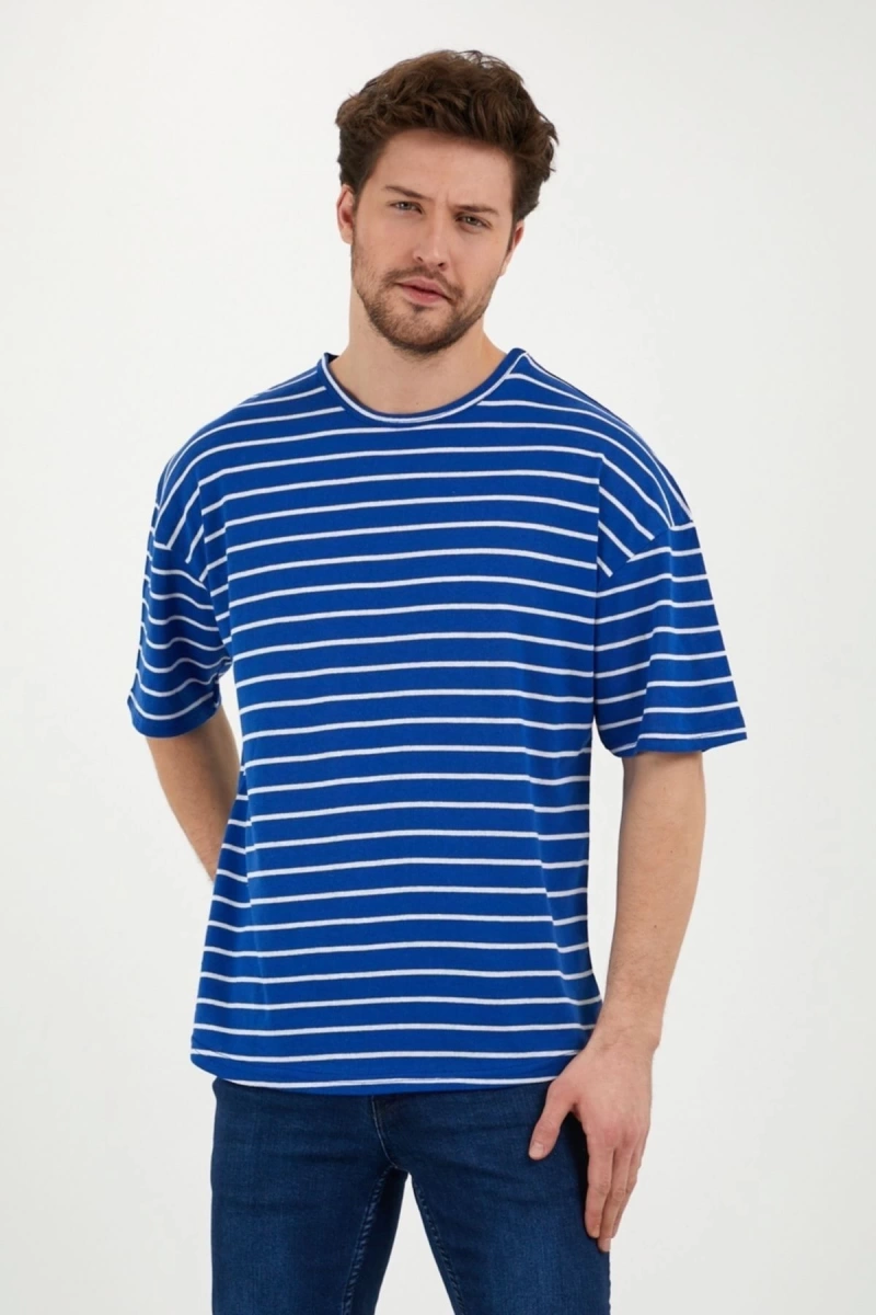 Unisex Mavi Beyaz Çizgili Oversize Tshirt