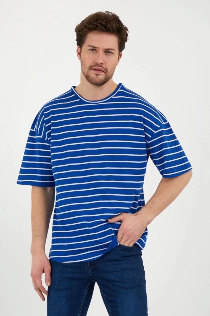 Unisex Mavi Beyaz Çizgili Oversize Tshirt